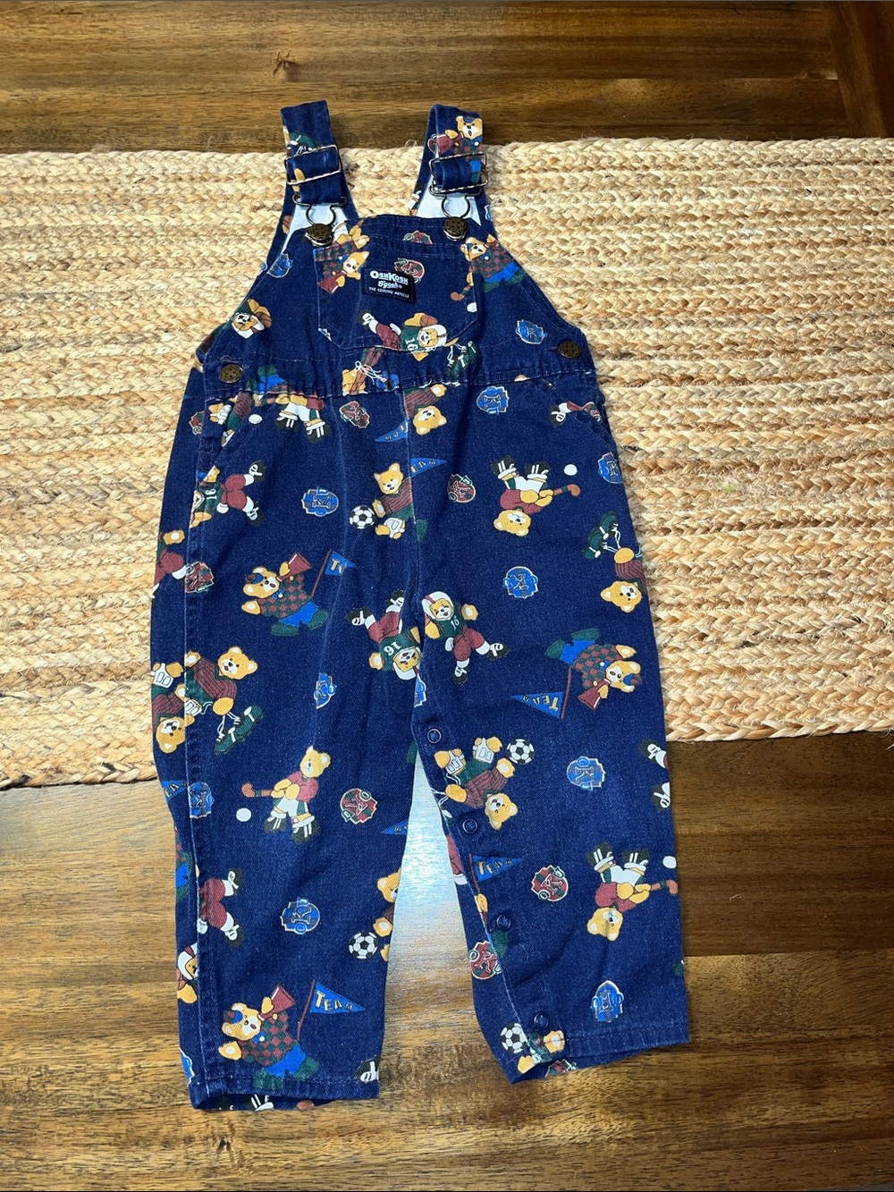 Vintage OshKosh B'gosh Navy Teddy Bear sports Print Overalls 3t